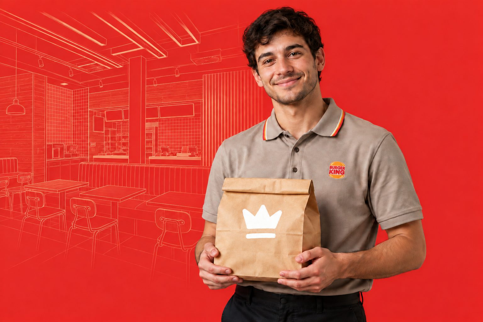 Kolega z Burger King s taškou s korunou